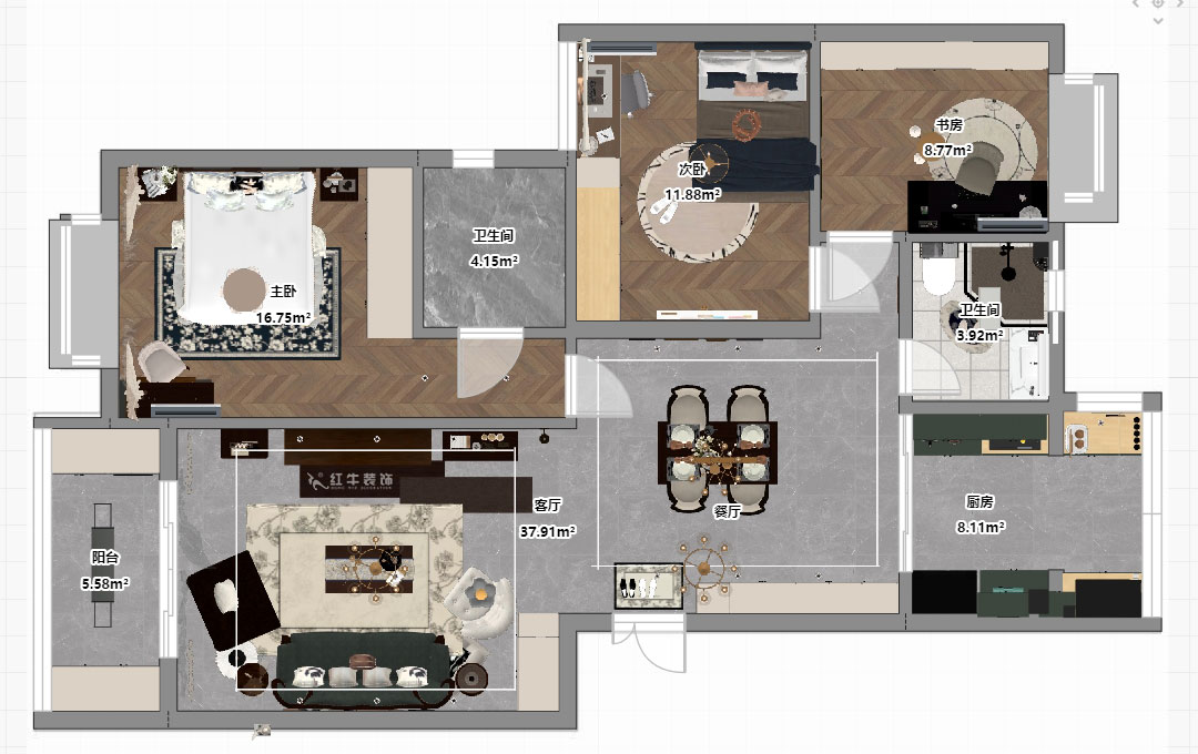 刘小勇｜江南名府3-204-115㎡-简美风格｜3室2厅1卫｜老房装修｜定制家｜全包13万｜00_03平面彩图